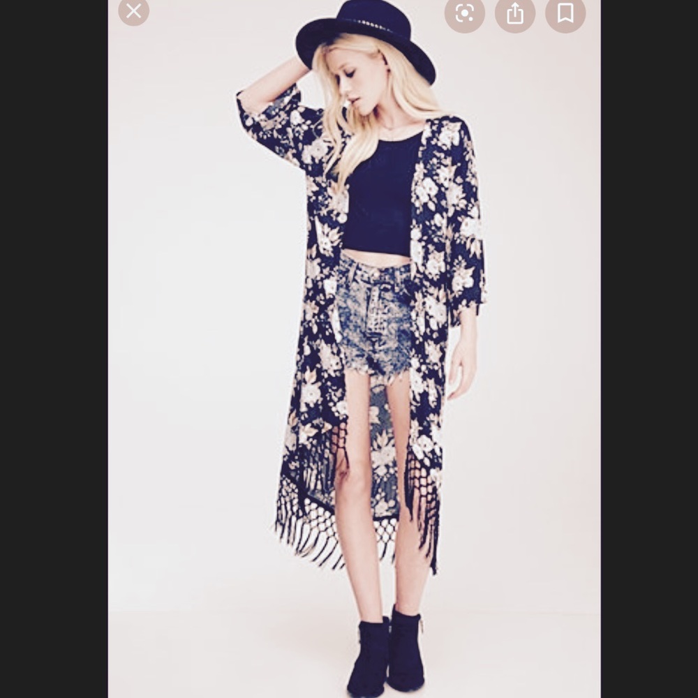 Long blue navy Floral kimono fringe jacket floral jacket coverup festival top
